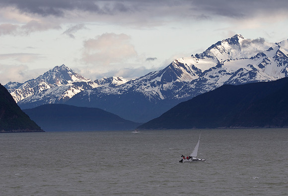 Chilkat Mountain Range and Sail Boat, Alaska